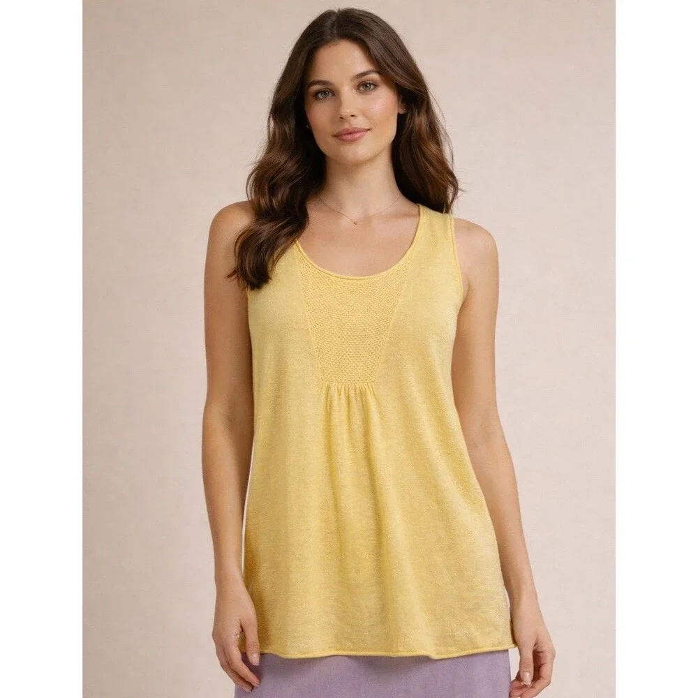 Eileen Fisher Womens Large Yellow Sleeveless Cami Linen Knit Tunic Sweater GUC